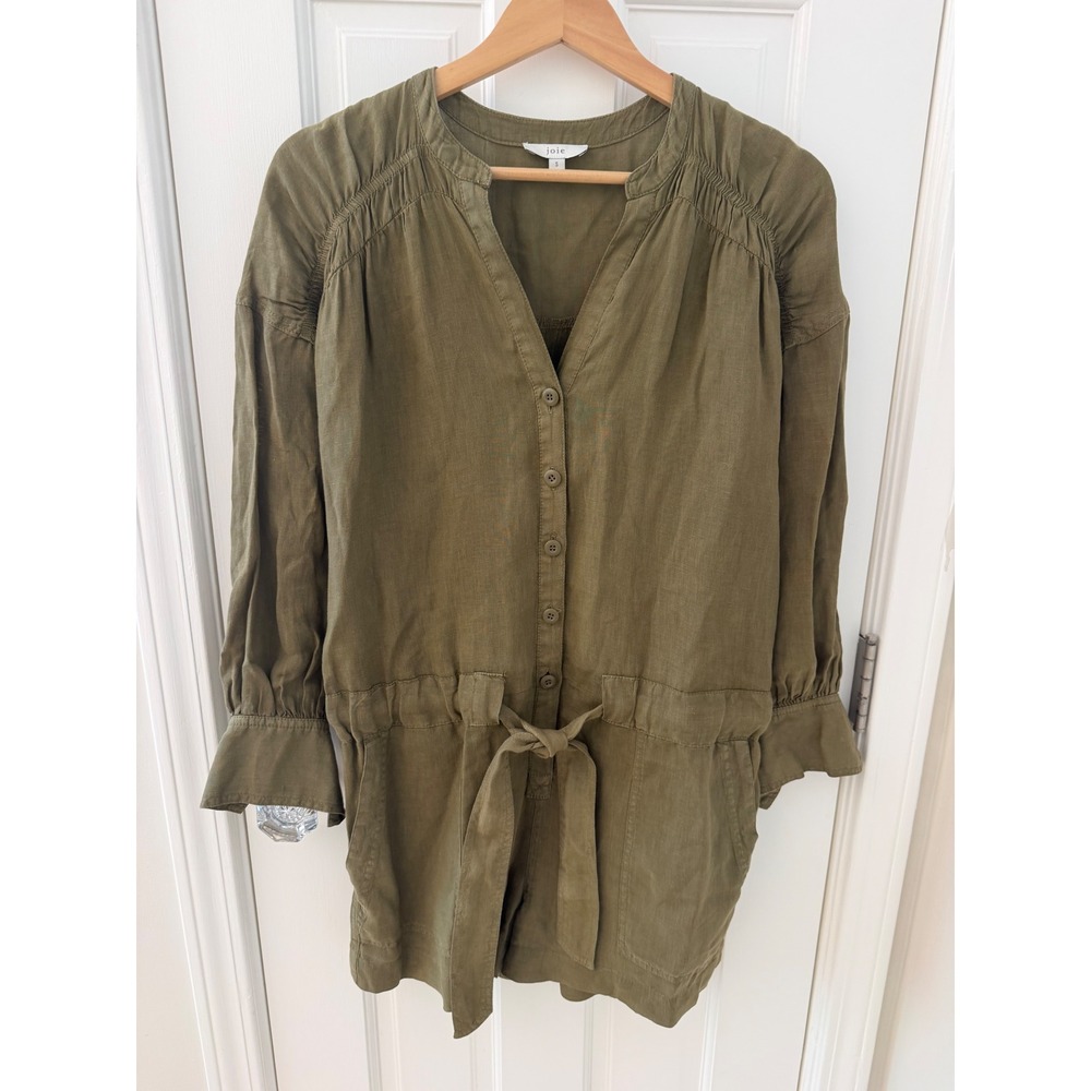 Joie Linen Button Front Romper Olive Green S Safari Casual
